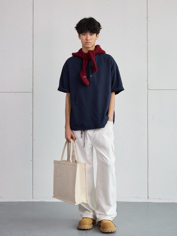 High-End Heavyweight Oversized Henley Collar Short Sleeve T-Shirt for Men - Loose Fit Round Neck Tee - Y2K Summer Style