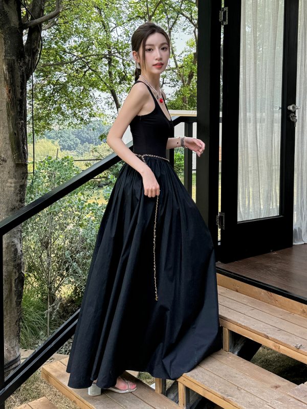 High-End Light Fabric Black Long Vest Dress with Slim Waist - Summer Floor-Length Skirt Fashion