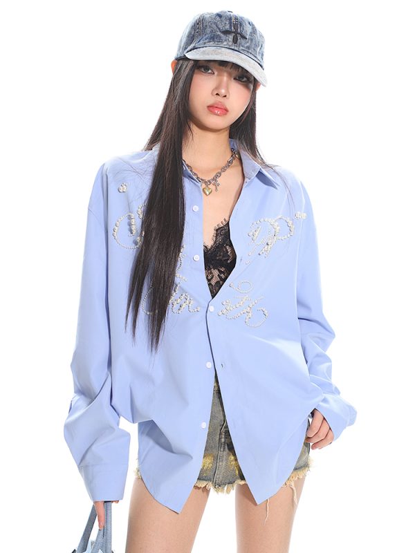 High-End Pearl Beaded Letter Shirt Jacket for Women - Loose Fit, Niche Style for Spring Summer, Trendy Heavy Industry Design