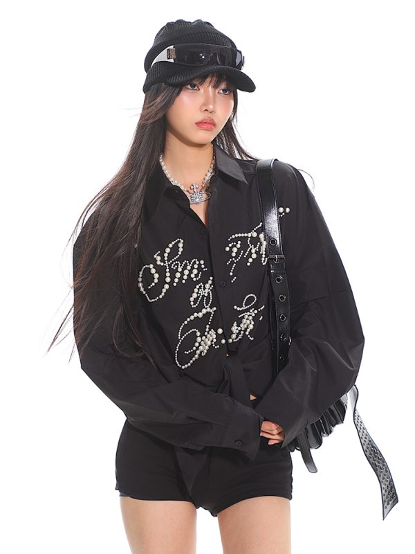 High-End Pearl Beaded Letter Shirt Jacket for Women - Loose Fit, Niche Style for Spring Summer, Trendy Heavy Industry Design