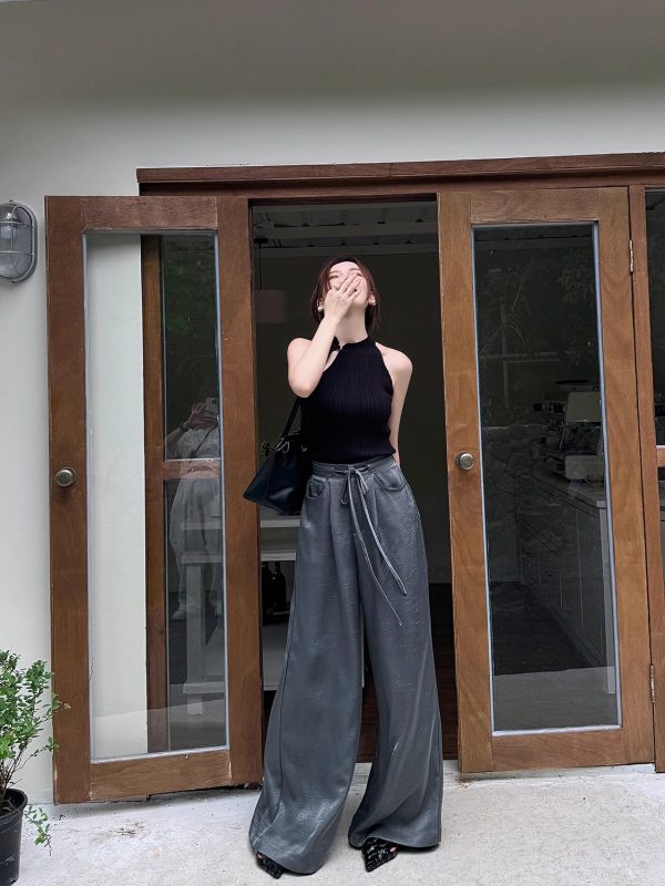 High-End Textured Satin Wide-Leg Pants for Tall Individuals - Lightweight Spring/Summer Imitation Acetate Trousers