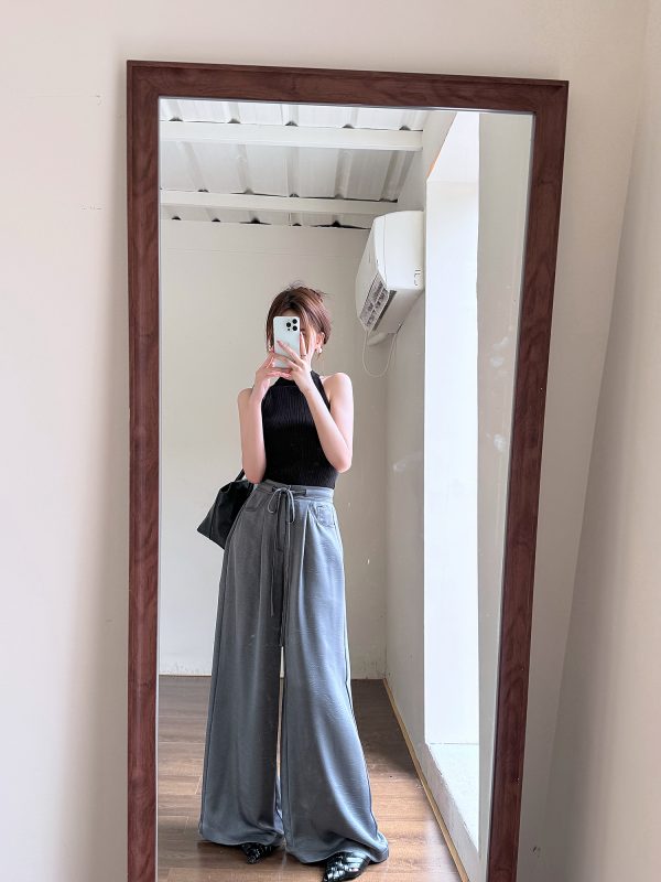 High-End Textured Satin Wide-Leg Pants for Tall Individuals - Lightweight Spring/Summer Imitation Acetate Trousers