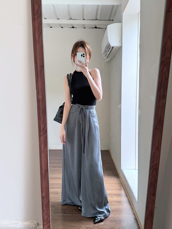 High-End Textured Satin Wide-Leg Pants for Tall Individuals - Lightweight Spring/Summer Imitation Acetate Trousers