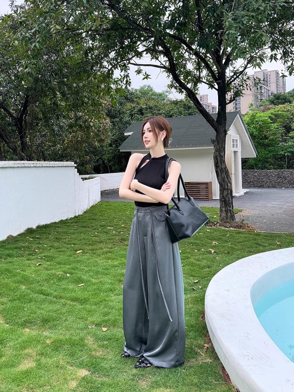 High-End Textured Satin Wide-Leg Pants for Tall Individuals - Lightweight Spring/Summer Imitation Acetate Trousers