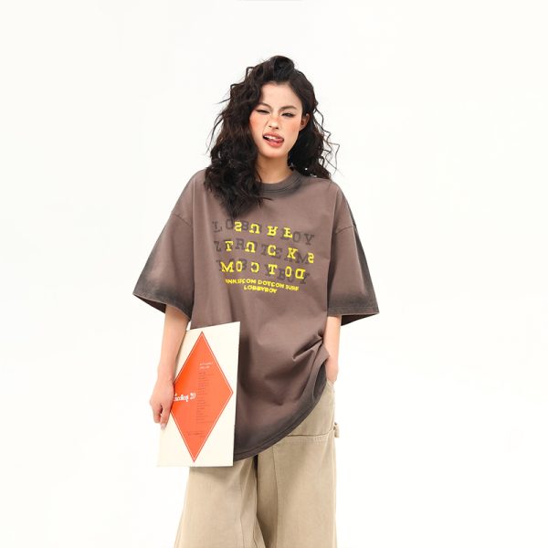 High-End Vintage Wash Gradient Short Sleeve T-Shirt for Men and Women - Trendy Heavyweight Couples Tee