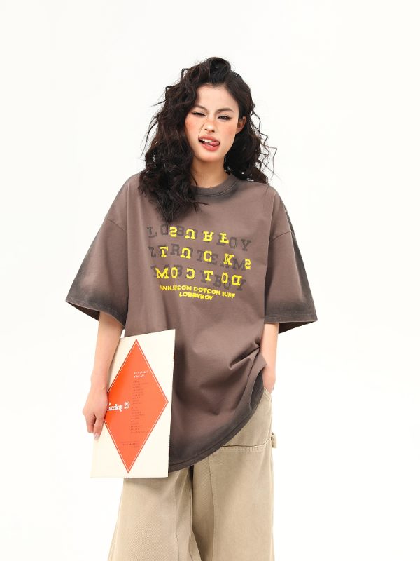 High-End Vintage Wash Gradient Short Sleeve T-Shirt for Men and Women - Trendy Heavyweight Couples Tee