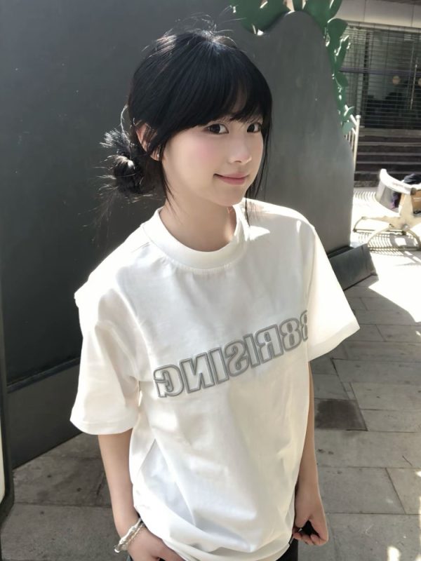 High-End White Embroidered Letter Short Sleeve T-Shirt for Women, Summer 2025 American Style Heavyweight Cotton Top