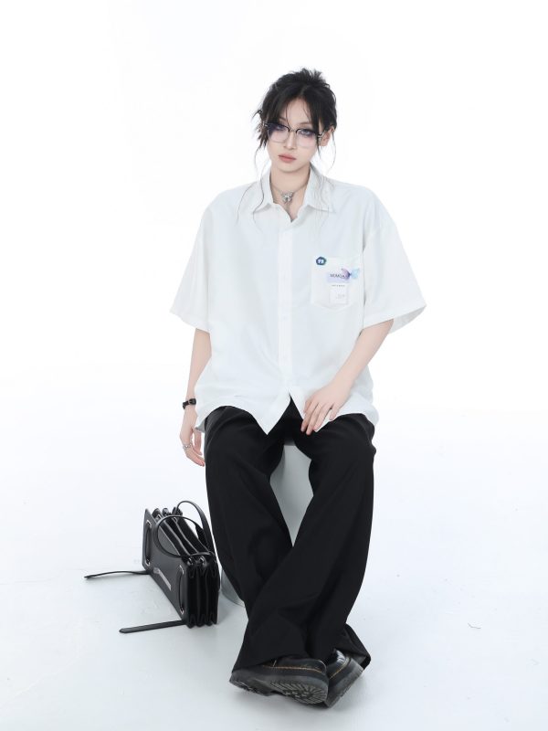 High-End White Short Sleeve Shirt for Women, Unique Loose Casual Design, Trendy Summer Fashion