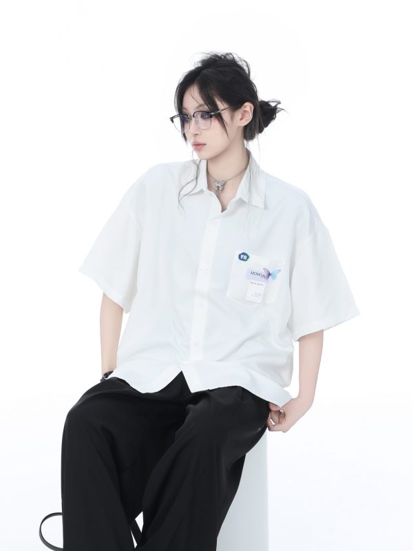 High-End White Short Sleeve Shirt for Women, Unique Loose Casual Design, Trendy Summer Fashion