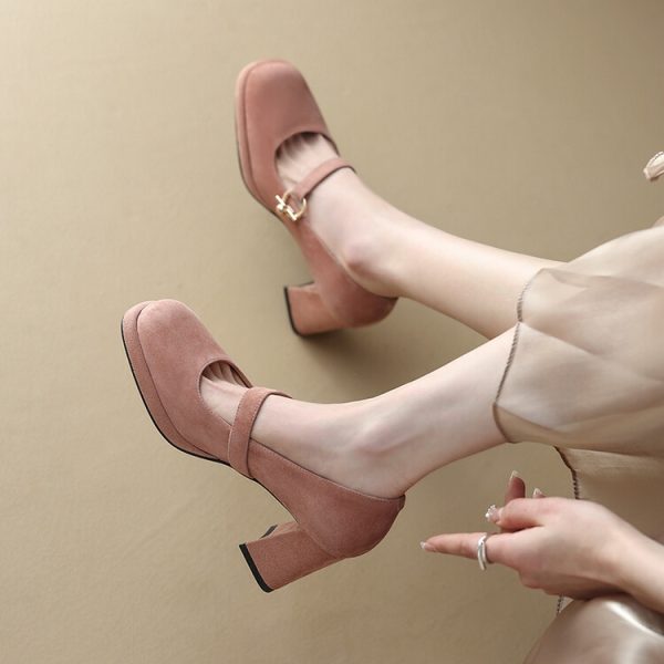 High-Heeled Mary Jane Shoes for Women - Chunky Heel, Single Strap, Genuine Leather, Elegant Wedding Banquet Style