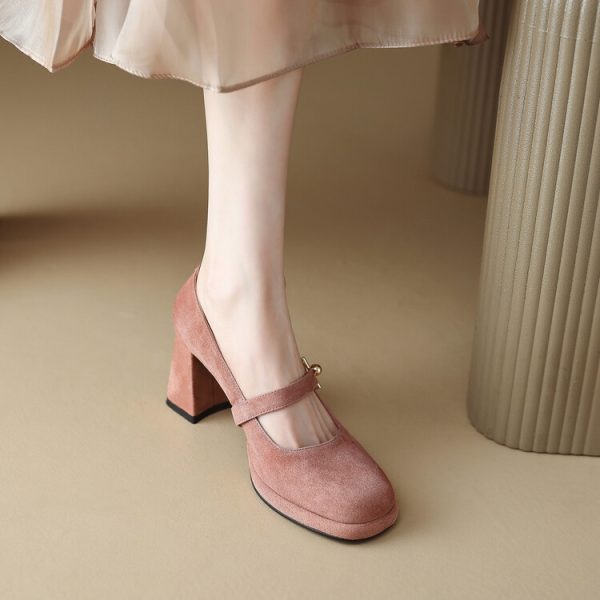 High-Heeled Mary Jane Shoes for Women - Chunky Heel, Single Strap, Genuine Leather, Elegant Wedding Banquet Style