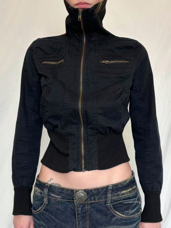 High-Neck Metallic Zipper Short Jacket for Women - Unisex Trendy Cyber Warrior Style with Elastic Waist, Cool 90s-Inspired Fashion