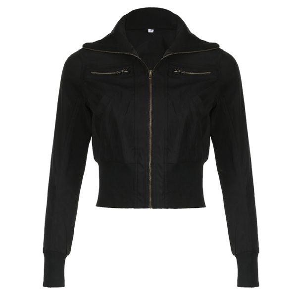 High-Neck Metallic Zipper Short Jacket for Women - Unisex Trendy Cyber Warrior Style with Elastic Waist, Cool 90s-Inspired Fashion