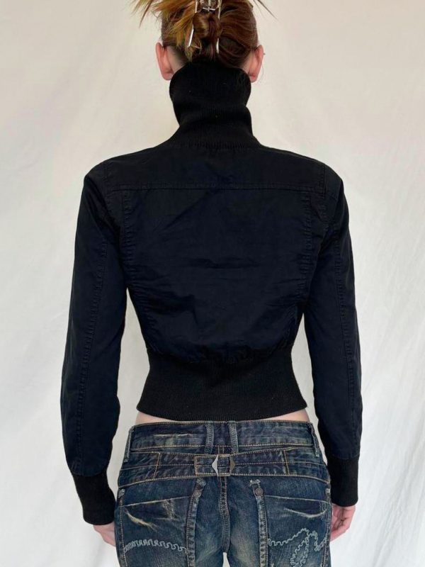 High-Neck Metallic Zipper Short Jacket for Women - Unisex Trendy Cyber Warrior Style with Elastic Waist, Cool 90s-Inspired Fashion