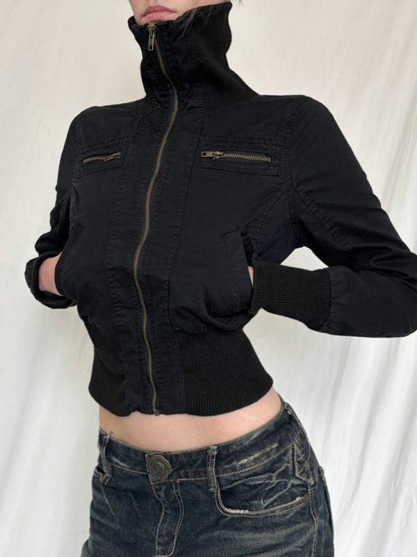 High-Neck Metallic Zipper Short Jacket for Women - Unisex Trendy Cyber Warrior Style with Elastic Waist, Cool 90s-Inspired Fashion