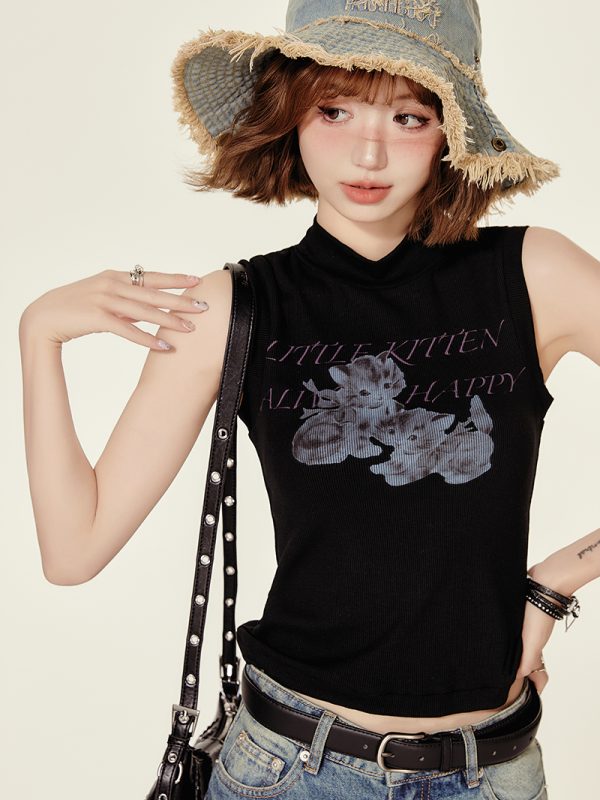High-Neck Printed Black T-Shirt Top for Women - Spicy Girl Summer Vest, Slim Fit American Style, Trendy and Chic
