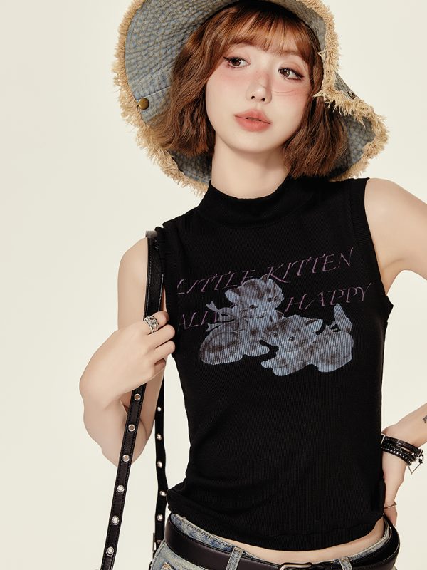 High-Neck Printed Black T-Shirt Top for Women - Spicy Girl Summer Vest, Slim Fit American Style, Trendy and Chic