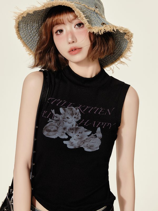 High-Neck Printed Black T-Shirt Top for Women - Spicy Girl Summer Vest, Slim Fit American Style, Trendy and Chic