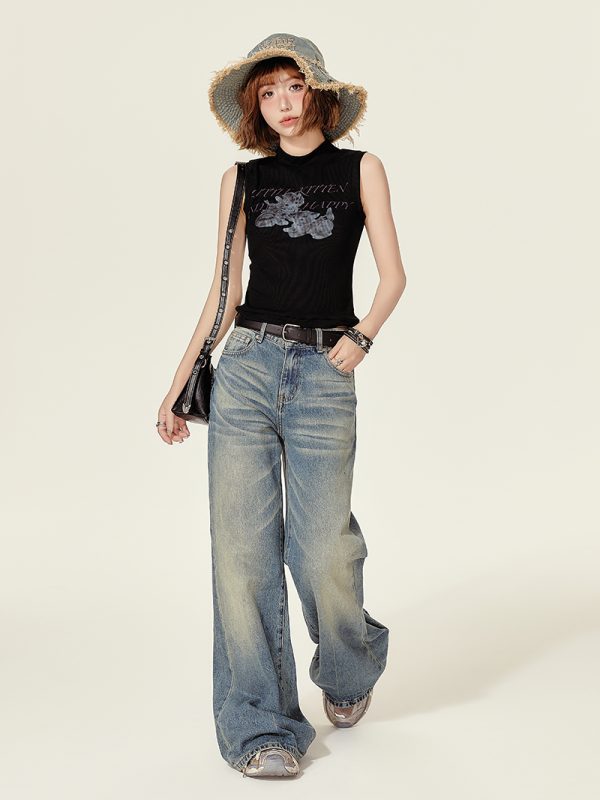 High-Neck Printed Black T-Shirt Top for Women - Spicy Girl Summer Vest, Slim Fit American Style, Trendy and Chic