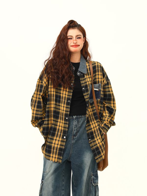 High-Quality Retro Checkered Shirt for Women, Loose Yellow Plaid Top, Versatile Fall Fashion, Vintage Style, 90s Inspired