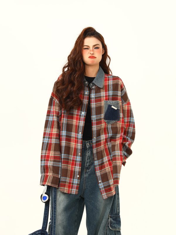 High-Quality Retro Checkered Shirt for Women, Loose Yellow Plaid Top, Versatile Fall Fashion, Vintage Style, 90s Inspired