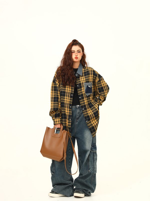 High-Quality Retro Checkered Shirt for Women, Loose Yellow Plaid Top, Versatile Fall Fashion, Vintage Style, 90s Inspired