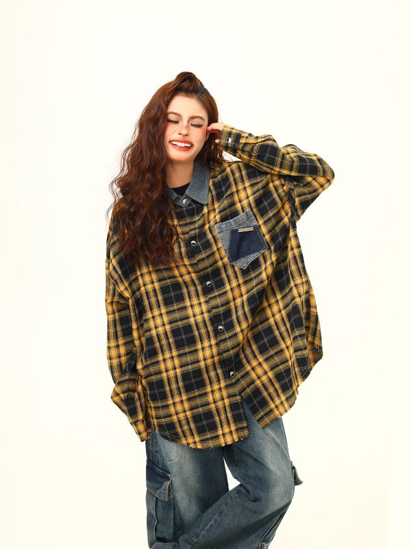 High-Quality Retro Checkered Shirt for Women, Loose Yellow Plaid Top, Versatile Fall Fashion, Vintage Style, 90s Inspired