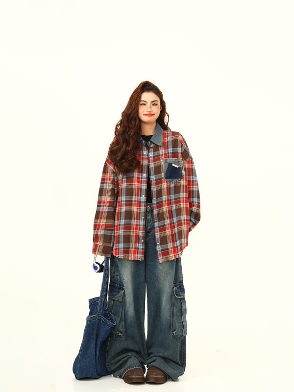 High-Quality Retro Checkered Shirt for Women, Loose Yellow Plaid Top, Versatile Fall Fashion, Vintage Style, 90s Inspired