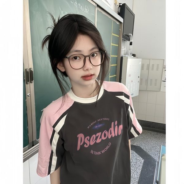 High Street Color-Blocking Short Sleeve T-Shirt for Women - Pink & Dark Gray, Trendy Summer Top for Juniors, Y2K Style