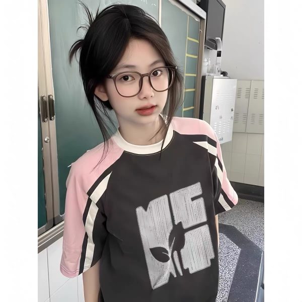 High Street Color-Blocking Short Sleeve T-Shirt for Women - Pink & Dark Gray, Trendy Summer Top for Juniors, Y2K Style