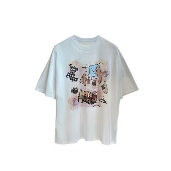 High Street Graffiti Short-Sleeve T-Shirt for Women - Casual Loose-Fit Summer Tee with Sit and Eat Graphic, Trendy Urban Style