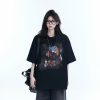 High Street Graffiti Short-Sleeve T-Shirt for Women - Casual Loose-Fit Summer Tee with Sit and Eat Graphic, Trendy Urban Style