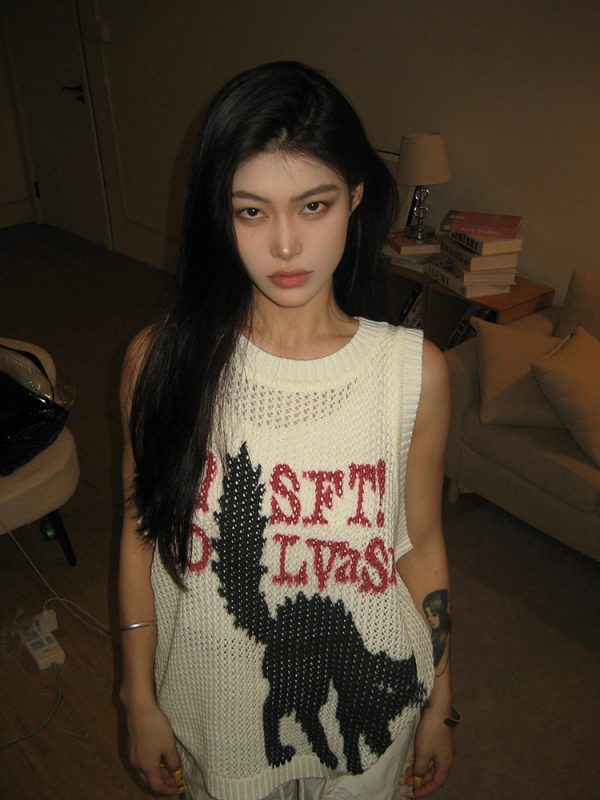 High Street Hollow-Out Vest for Women - Summer Cat Jacquard Knitted Top, Loose Hip-Hop Style, American 90s Fashion