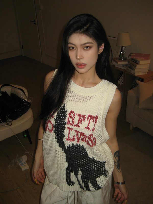 High Street Hollow-Out Vest for Women - Summer Cat Jacquard Knitted Top, Loose Hip-Hop Style, American 90s Fashion
