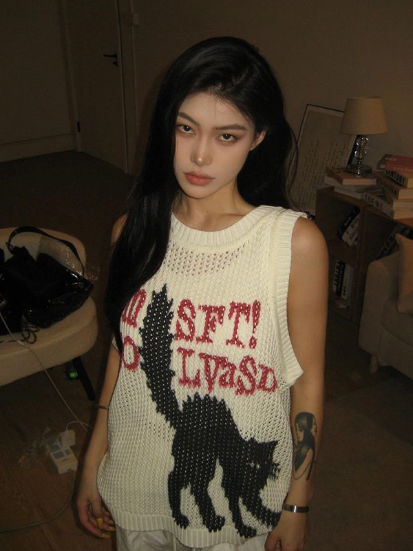High Street Hollow-Out Vest for Women - Summer Cat Jacquard Knitted Top, Loose Hip-Hop Style, American 90s Fashion