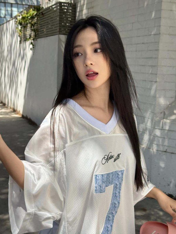 High Street V-Neck Short Sleeve Women's Summer Digital Print Jersey T-Shirt, Unique Loose Color-Blocking Top, American Style