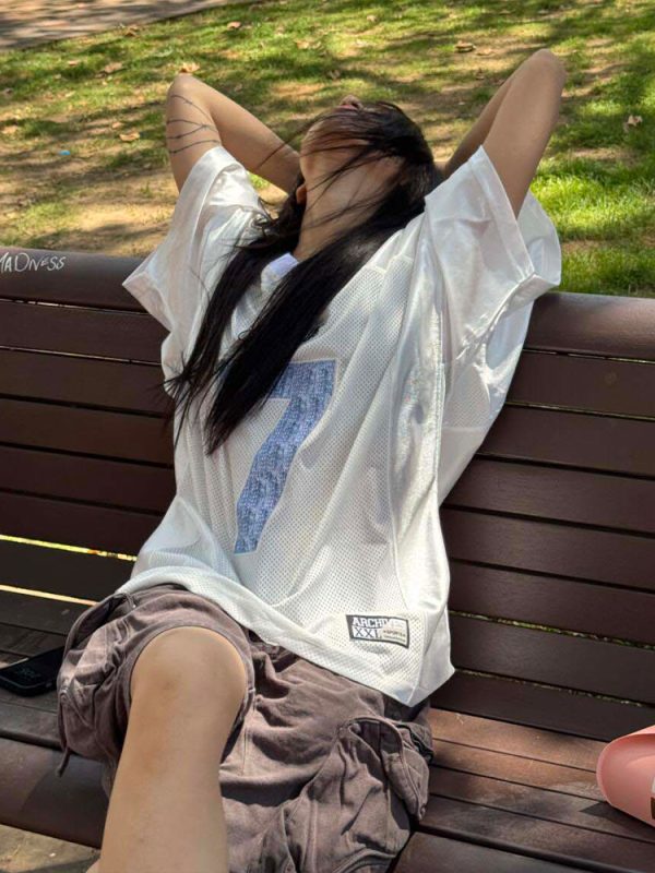 High Street V-Neck Short Sleeve Women's Summer Digital Print Jersey T-Shirt, Unique Loose Color-Blocking Top, American Style