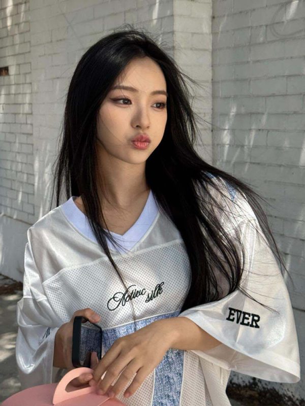 High Street V-Neck Short Sleeve Women's Summer Digital Print Jersey T-Shirt, Unique Loose Color-Blocking Top, American Style