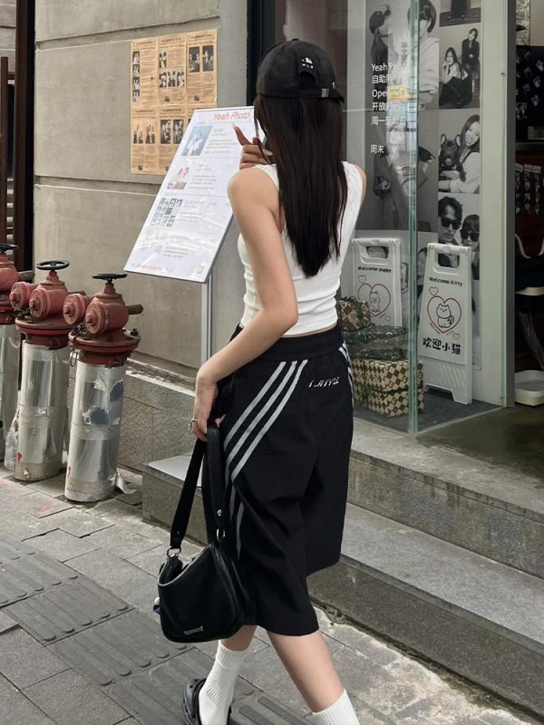 High Street Vintage Black Shorts for Women - Summer Loose Fit Three-Stripe Cropped Wide-Leg Sports Pants