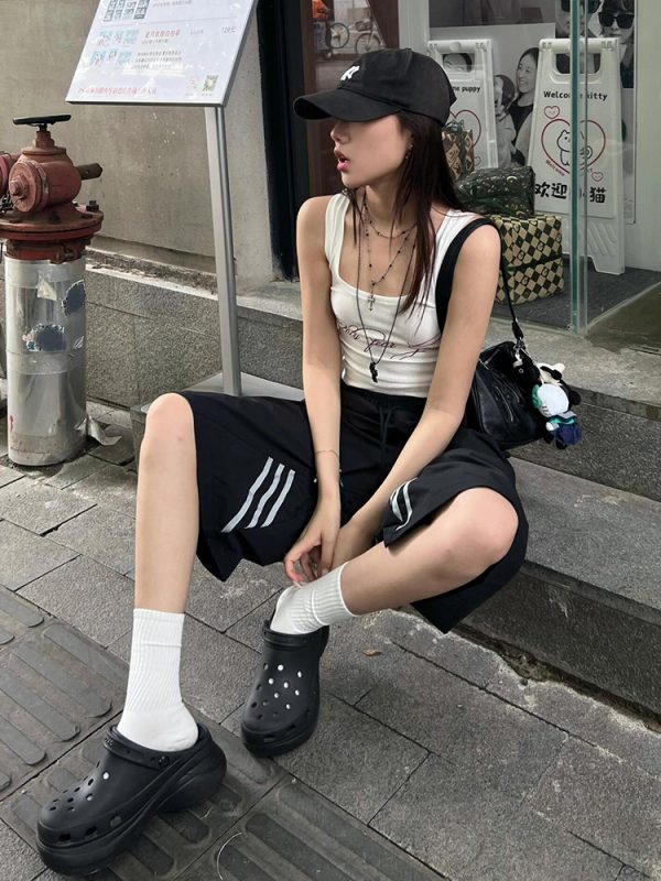 High Street Vintage Black Shorts for Women - Summer Loose Fit Three-Stripe Cropped Wide-Leg Sports Pants