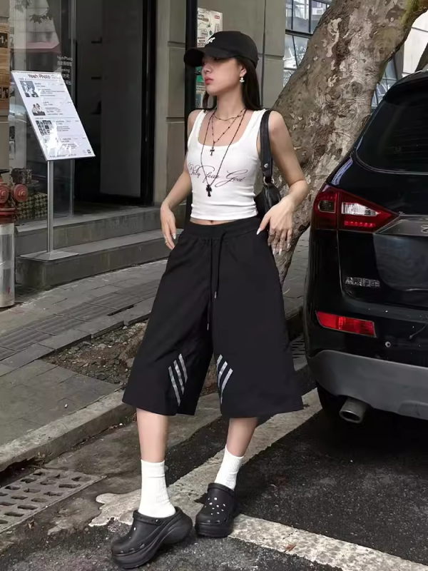 High Street Vintage Black Shorts for Women - Summer Loose Fit Three-Stripe Cropped Wide-Leg Sports Pants