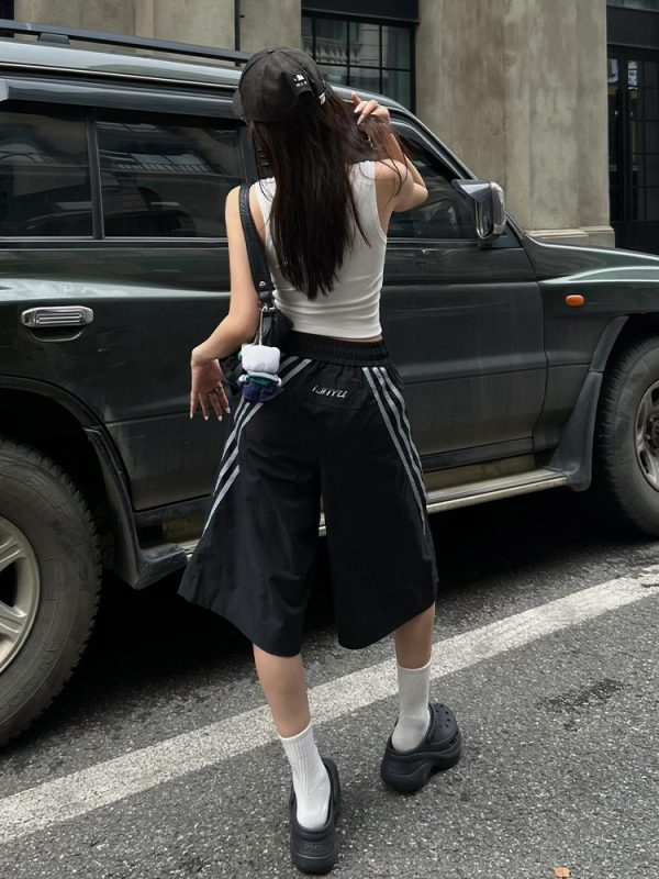 High Street Vintage Black Shorts for Women - Summer Loose Fit Three-Stripe Cropped Wide-Leg Sports Pants