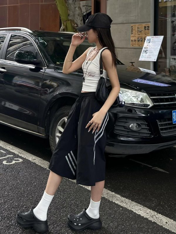 High Street Vintage Black Shorts for Women - Summer Loose Fit Three-Stripe Cropped Wide-Leg Sports Pants