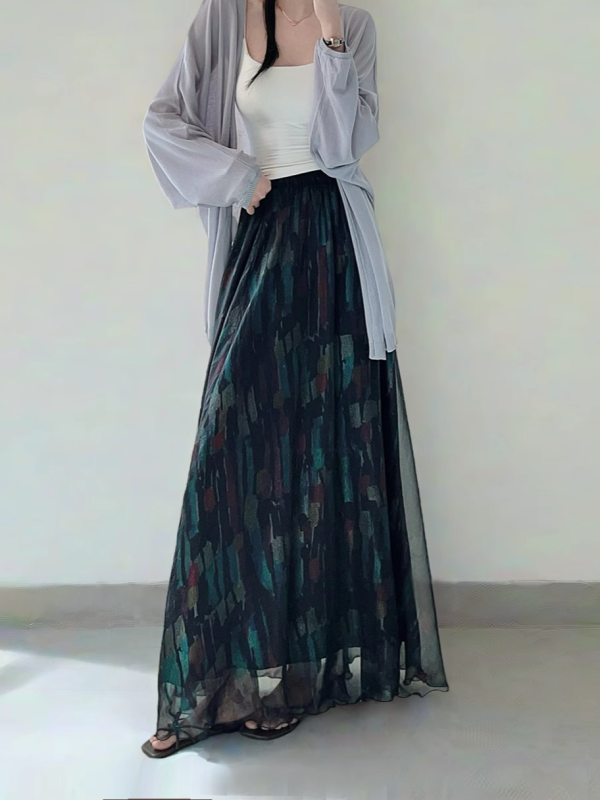 High Waist Colorful Printed Chiffon Skirt for Women - Glossy Long Hem Spring/Summer 2025 Fashion, Ground-Dragging Design