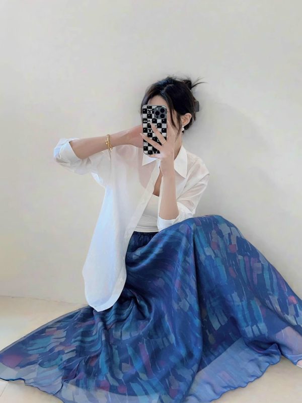 High Waist Colorful Printed Chiffon Skirt for Women - Glossy Long Hem Spring/Summer 2025 Fashion, Ground-Dragging Design