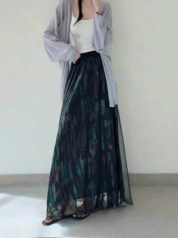 High Waist Colorful Printed Chiffon Skirt for Women - Glossy Long Hem Spring/Summer 2025 Fashion, Ground-Dragging Design