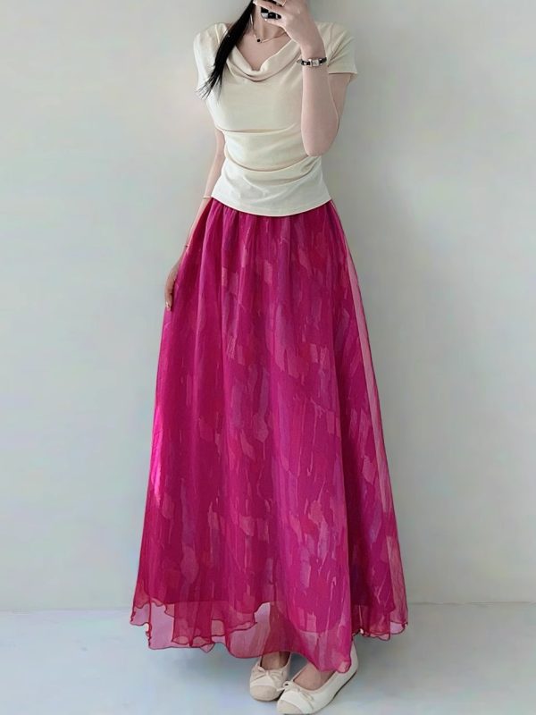 High Waist Colorful Printed Chiffon Skirt for Women - Glossy Long Hem Spring/Summer 2025 Fashion, Ground-Dragging Design