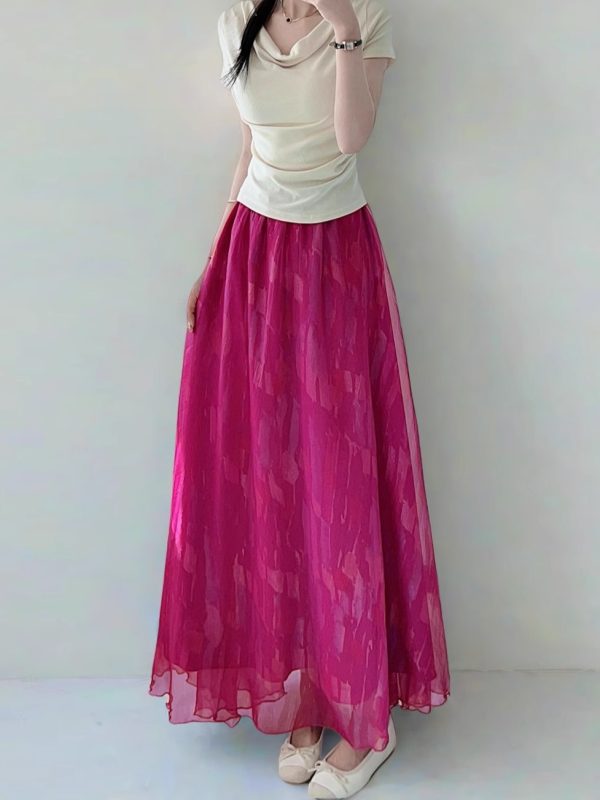 High Waist Colorful Printed Chiffon Skirt for Women - Glossy Long Hem Spring/Summer 2025 Fashion, Ground-Dragging Design