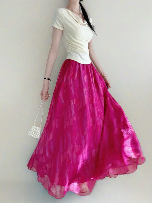 High Waist Colorful Printed Chiffon Skirt for Women - Glossy Long Hem Spring/Summer 2025 Fashion, Ground-Dragging Design