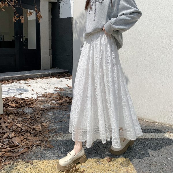 High Waist White Lace Tulle Half Skirt for Women - A-Line Slimming Qipao Underskirt, Elegant Fairy Style Long Dress